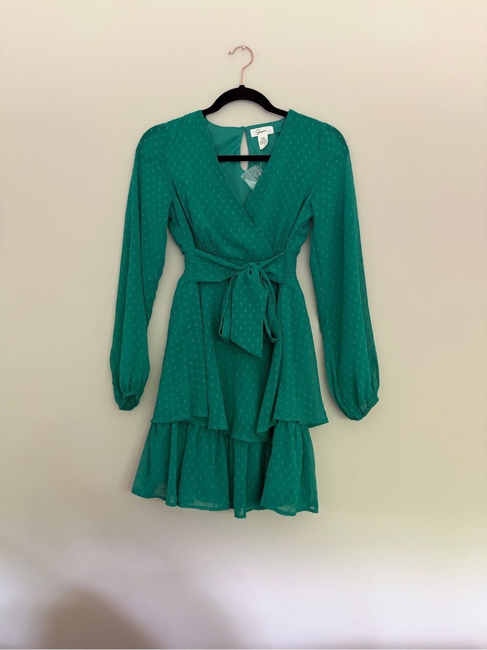 NWOT Japna Emerald Green Swiss Dot Tiered Faux-Wrap Mini Dress - Size XS